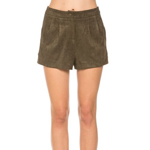 MITTOSHOP Faux Suede High-Waist Shorts | Olive Brown Soft Touch - Picture 1 of 4